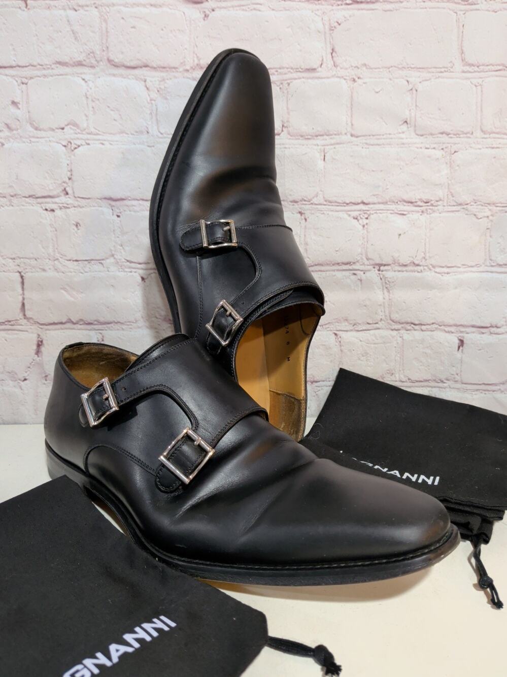Magnanni Double Monk Strap Dress Shoes Men Sz 8M Black Leather Spain Dust Bags